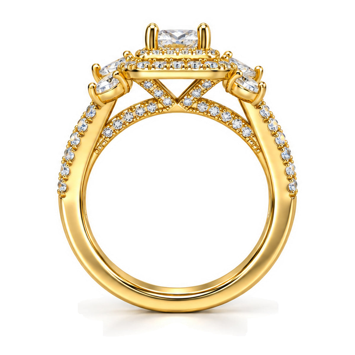 Princess Cut Moissanite Double Halo Engagement Ring with Marquise and Pear Accents — 925 Sterling Silver, 18K Gold Plated