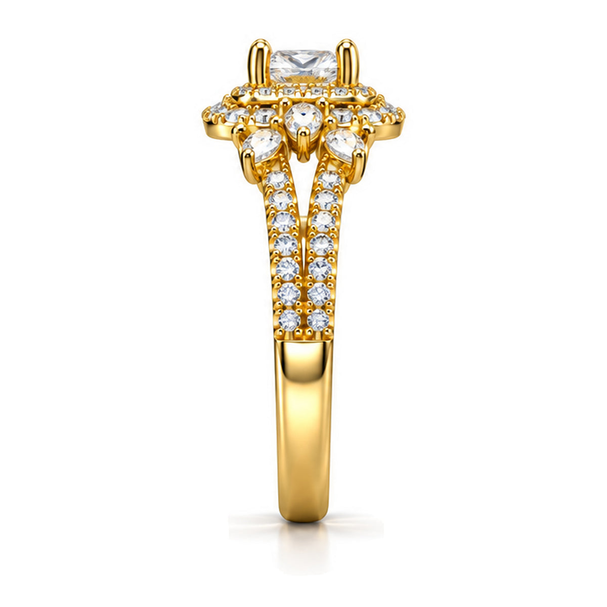 Princess Cut Moissanite Double Halo Engagement Ring with Marquise and Pear Accents — 925 Sterling Silver, 18K Gold Plated