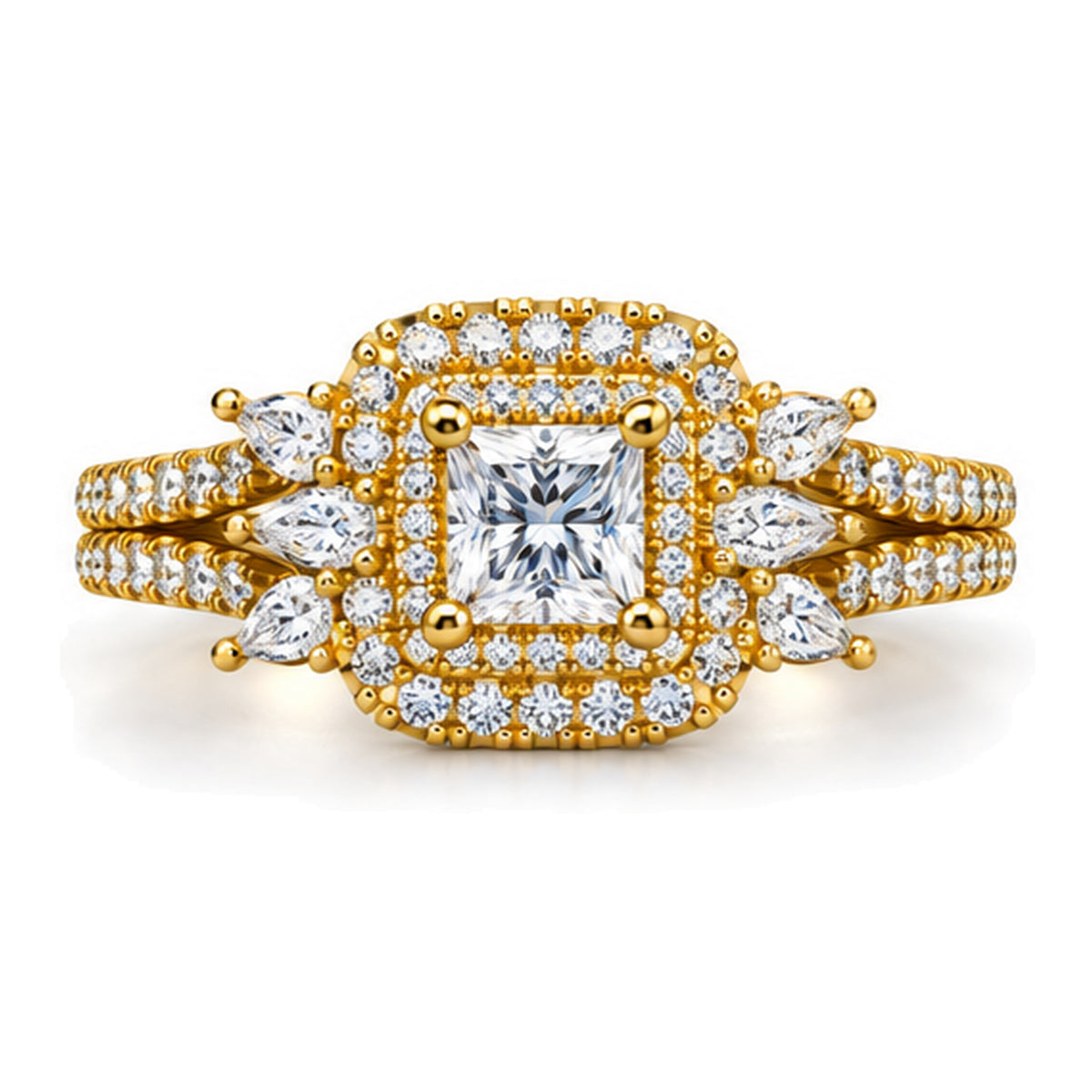 Princess Cut Moissanite Double Halo Engagement Ring with Marquise and Pear Accents — 925 Sterling Silver, 18K Gold Plated