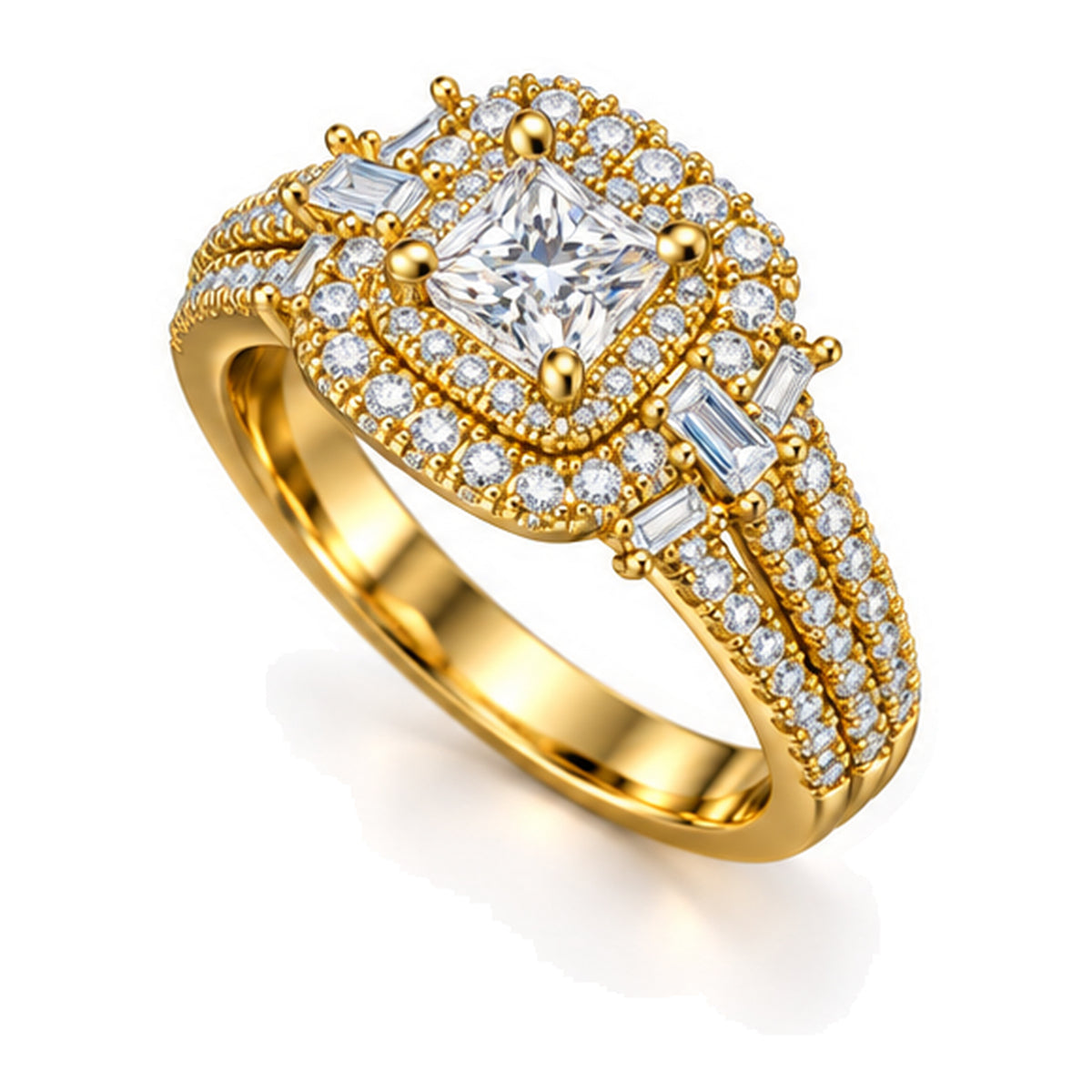 Princess Cut Moissanite Double Halo Engagement Ring with Baguette Accents — 925 Sterling Silver, 18K Gold Plated
