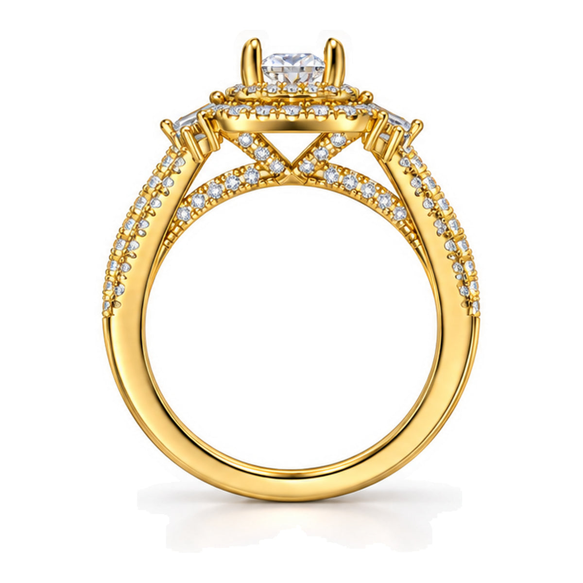 Princess Cut Moissanite Double Halo Engagement Ring with Baguette Accents — 925 Sterling Silver, 18K Gold Plated