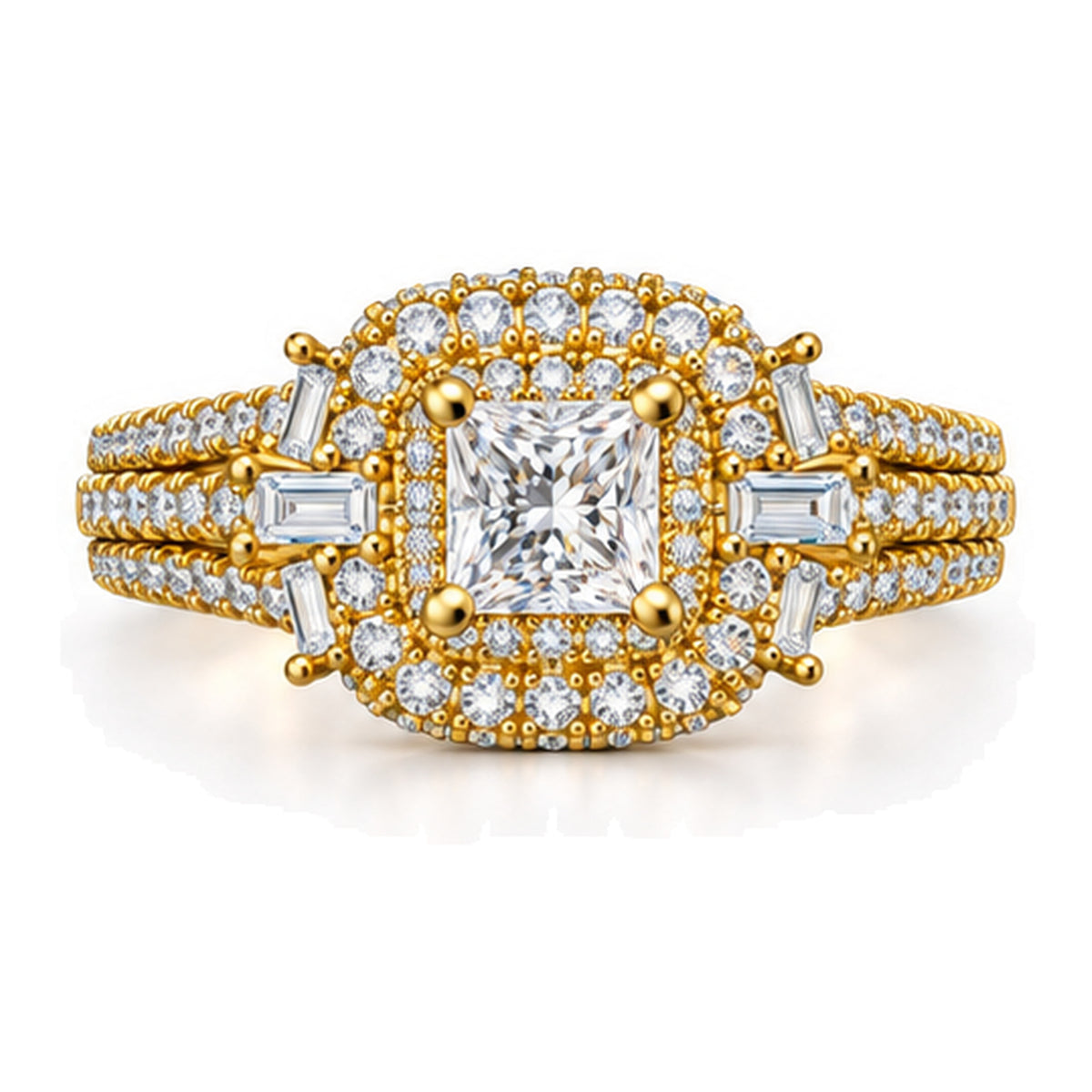 Princess Cut Moissanite Double Halo Engagement Ring with Baguette Accents — 925 Sterling Silver, 18K Gold Plated
