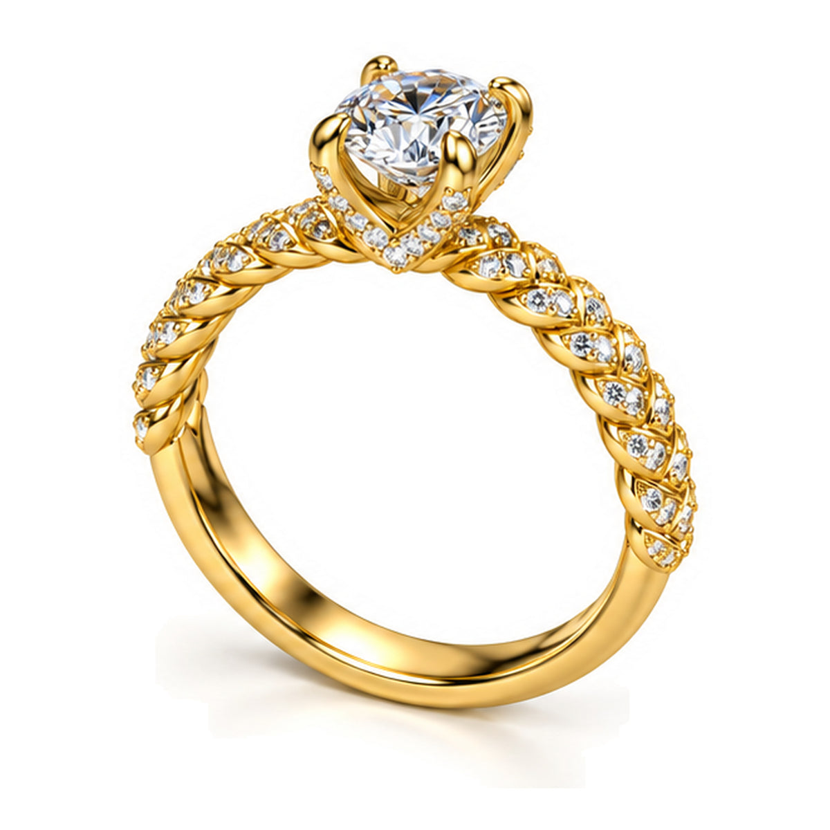 Round Moissanite Solitaire Engagement Ring with Twisted Rope Pavé Band — 925 Sterling Silver, 18K Gold Plated