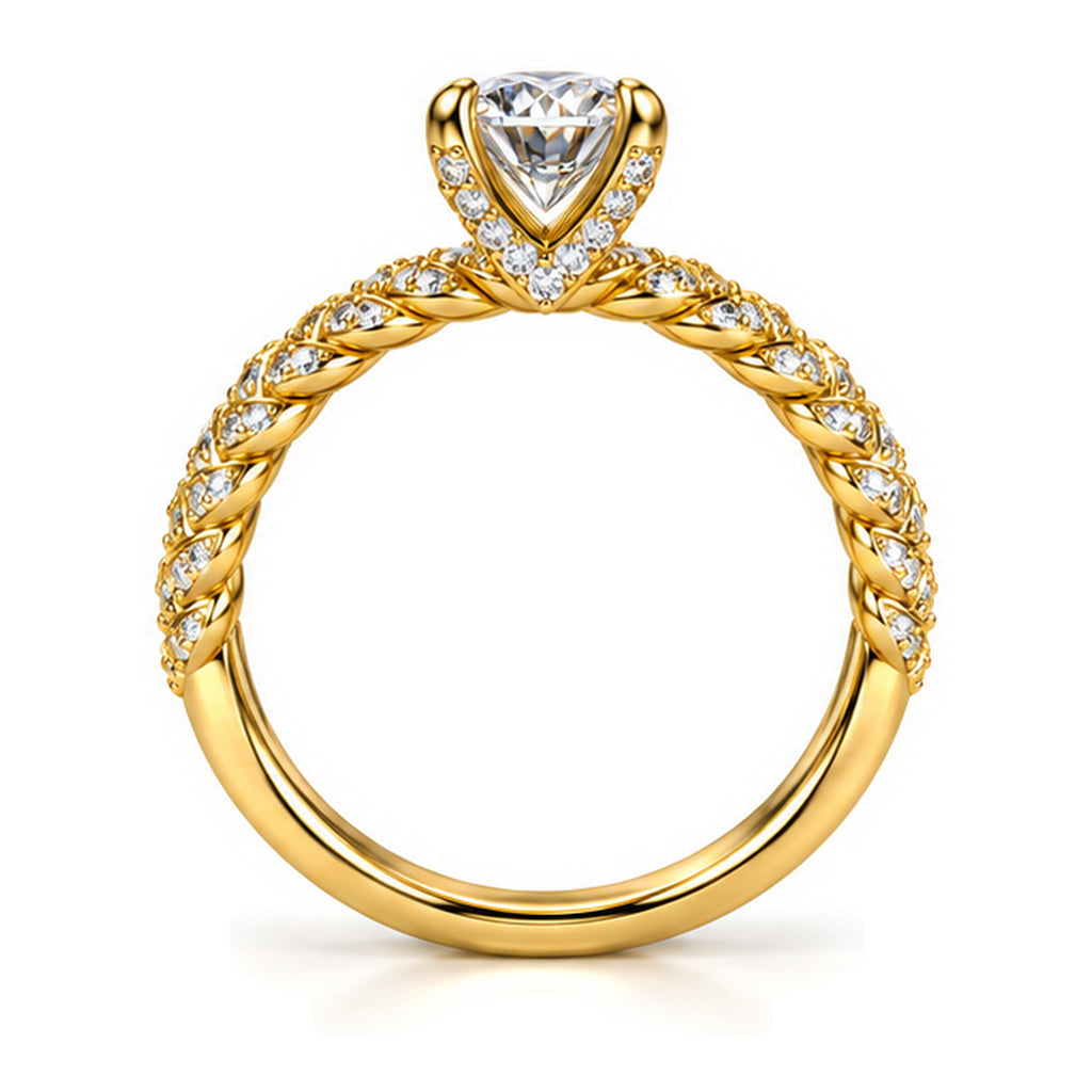Round Moissanite Solitaire Engagement Ring with Twisted Rope Pavé Band — 925 Sterling Silver, 18K Gold Plated