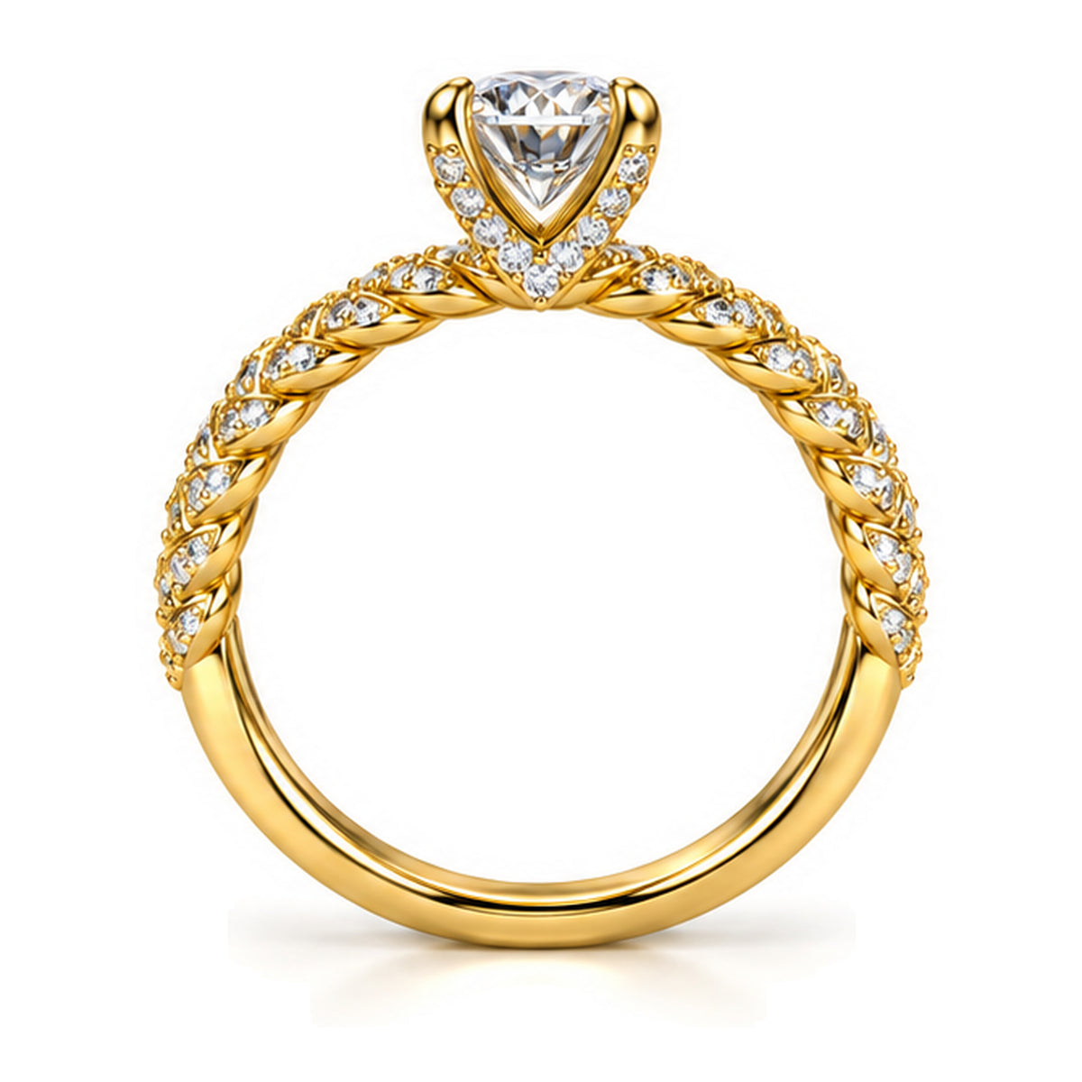 Round Moissanite Solitaire Engagement Ring with Twisted Rope Pavé Band — 925 Sterling Silver, 18K Gold Plated
