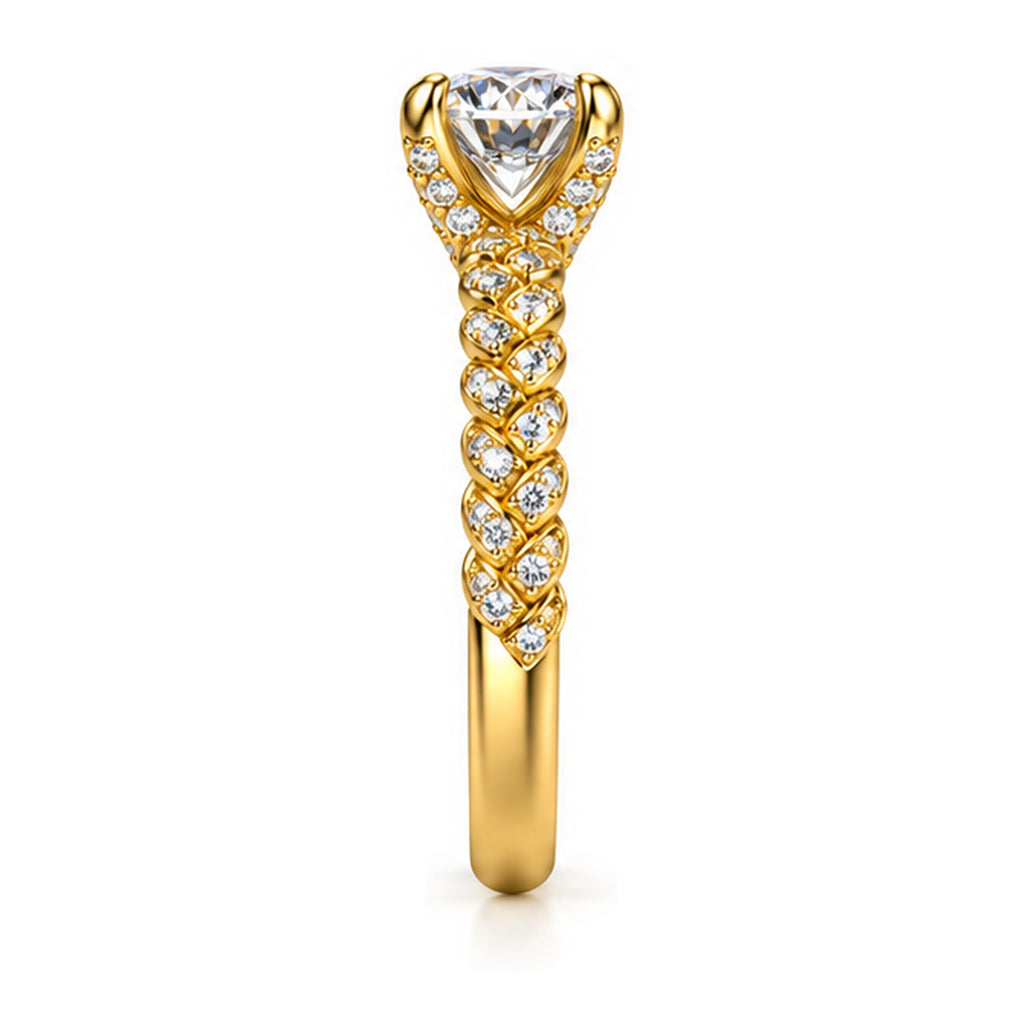 Round Moissanite Solitaire Engagement Ring with Twisted Rope Pavé Band — 925 Sterling Silver, 18K Gold Plated