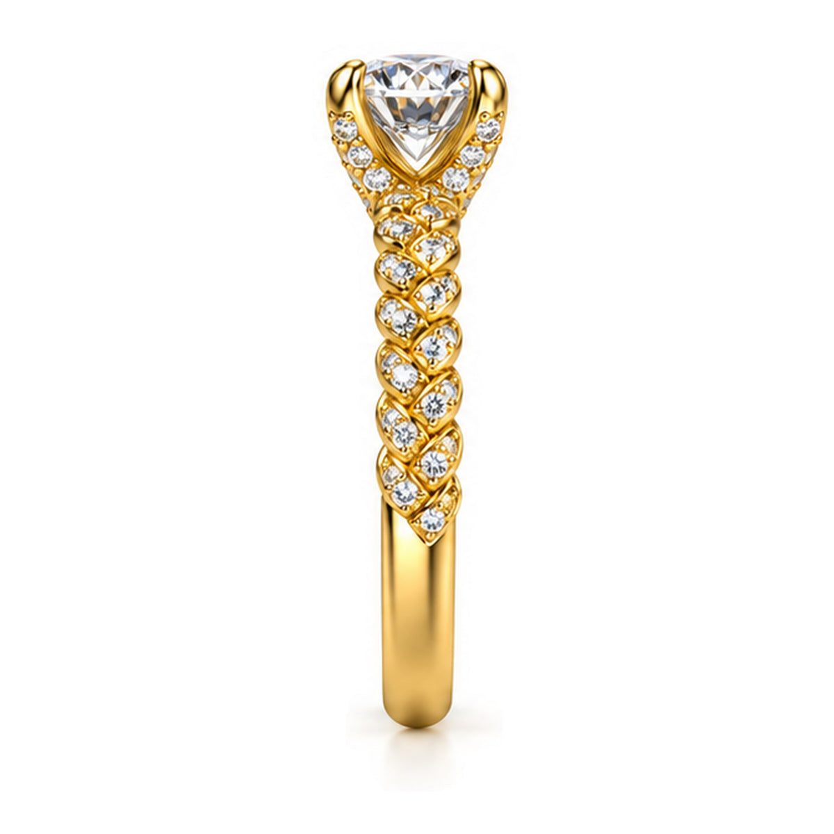 Round Moissanite Solitaire Engagement Ring with Twisted Rope Pavé Band — 925 Sterling Silver, 18K Gold Plated