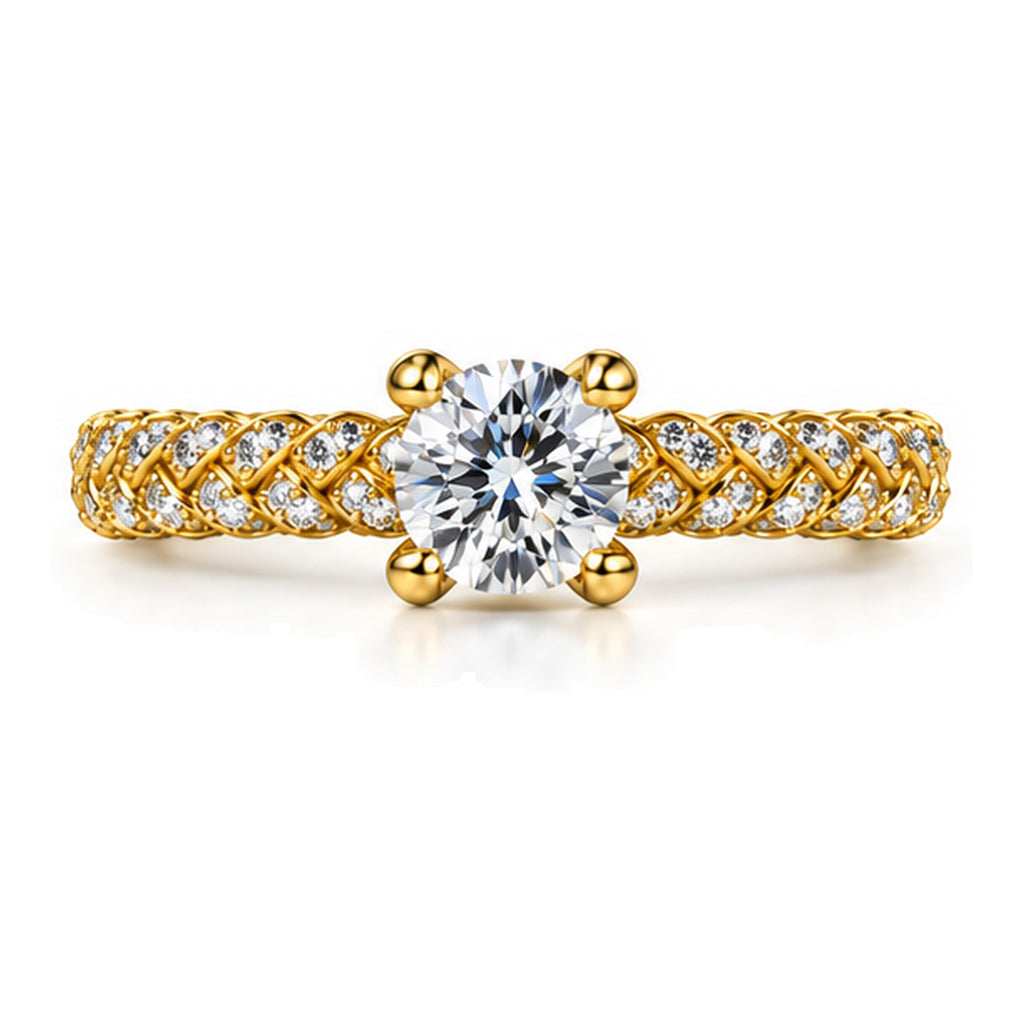 Round Moissanite Solitaire Engagement Ring with Twisted Rope Pavé Band — 925 Sterling Silver, 18K Gold Plated