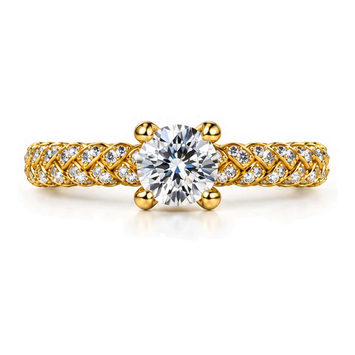 Round Moissanite Solitaire Engagement Ring with Twisted Rope Pavé Band — 925 Sterling Silver, 18K Gold Plated