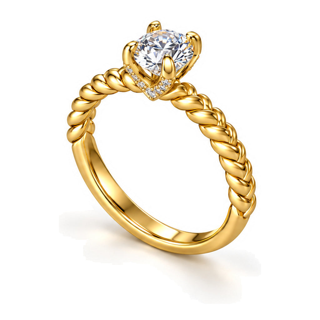 Round Moissanite Solitaire Engagement Ring with Twisted Rope Band — 925 Sterling Silver, 18K Gold Plated