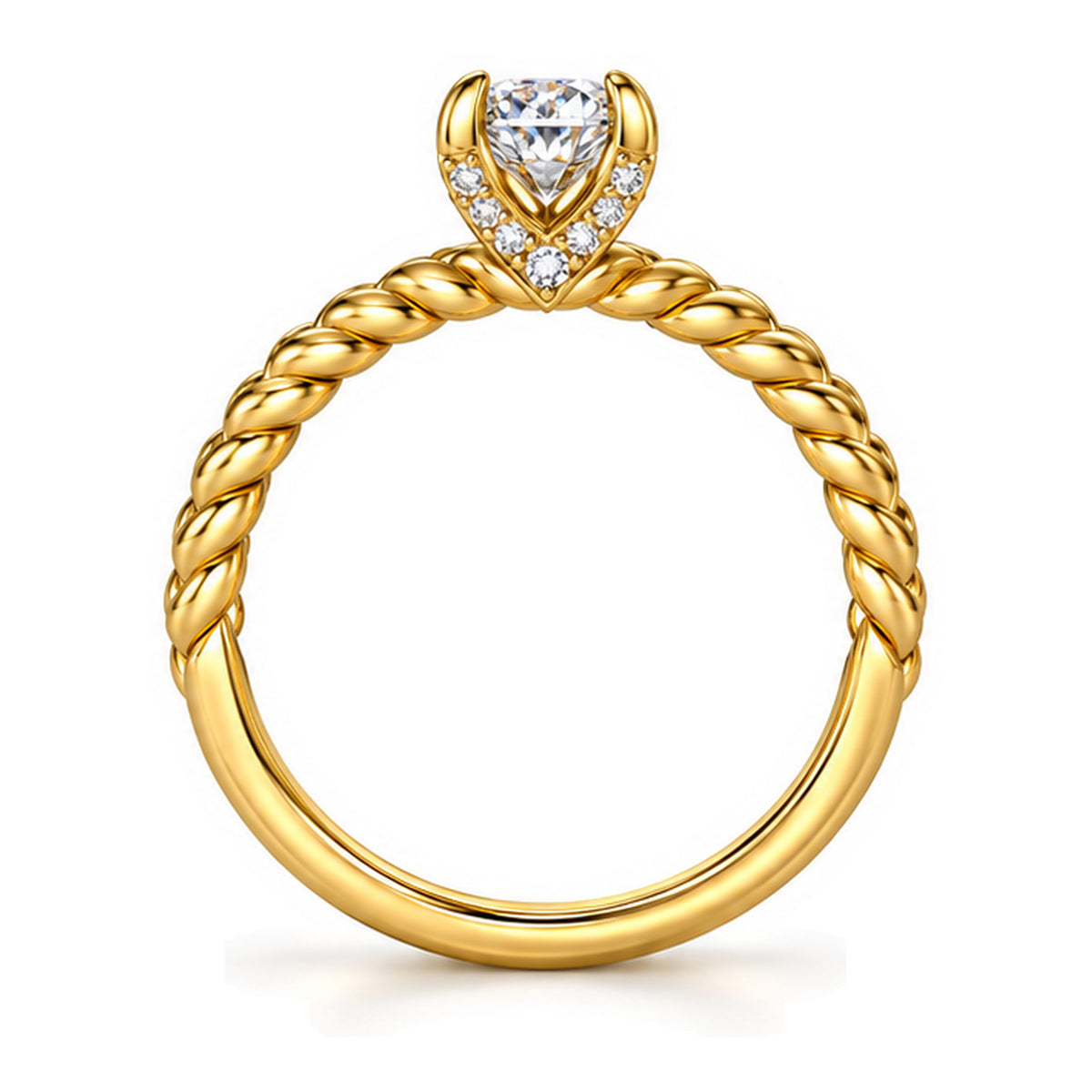 Round Moissanite Solitaire Engagement Ring with Twisted Rope Band — 925 Sterling Silver, 18K Gold Plated