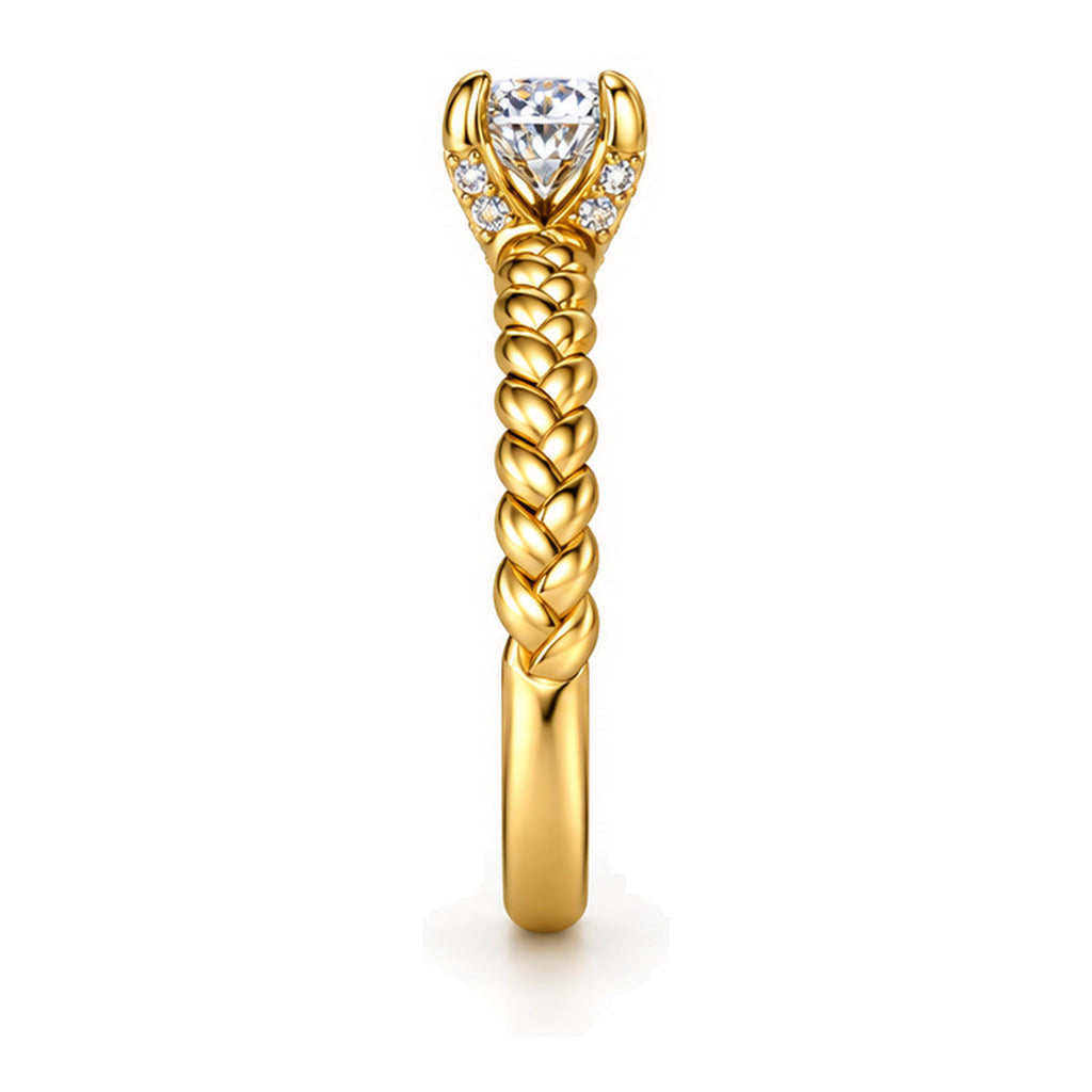 Round Moissanite Solitaire Engagement Ring with Twisted Rope Band — 925 Sterling Silver, 18K Gold Plated