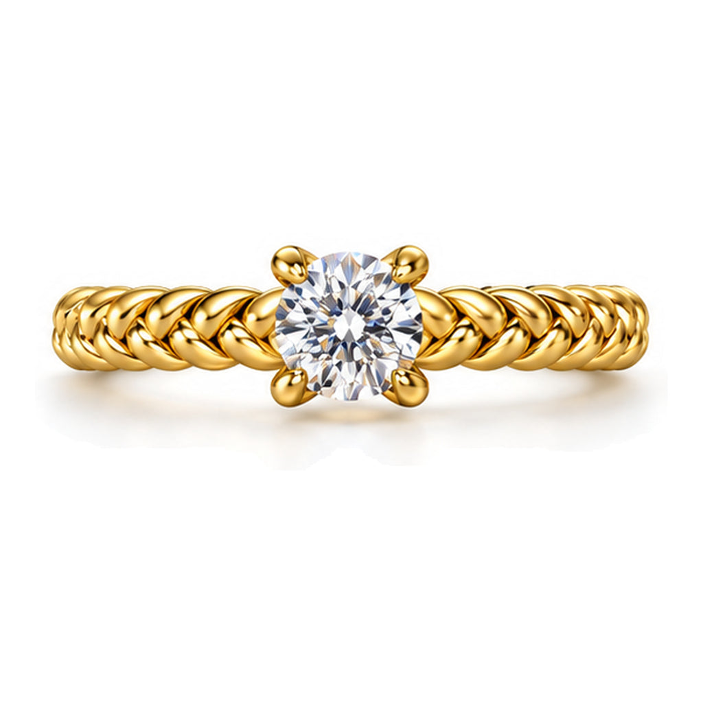 Round Moissanite Solitaire Engagement Ring with Twisted Rope Band — 925 Sterling Silver, 18K Gold Plated
