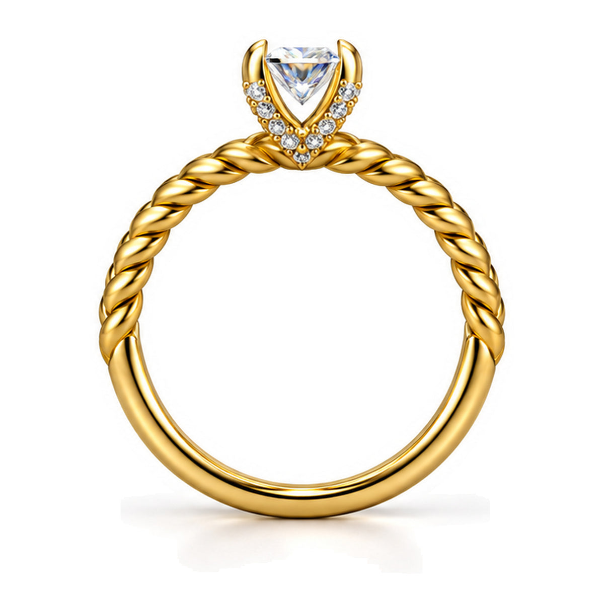 Princess Cut Moissanite Solitaire Engagement Ring with Twisted Rope Band — 925 Sterling Silver, 18K Gold Plated