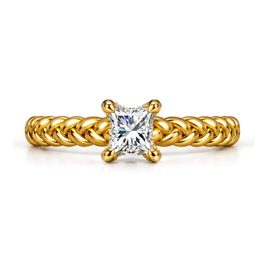 Princess Cut Moissanite Solitaire Engagement Ring with Twisted Rope Band — 925 Sterling Silver, 18K Gold Plated