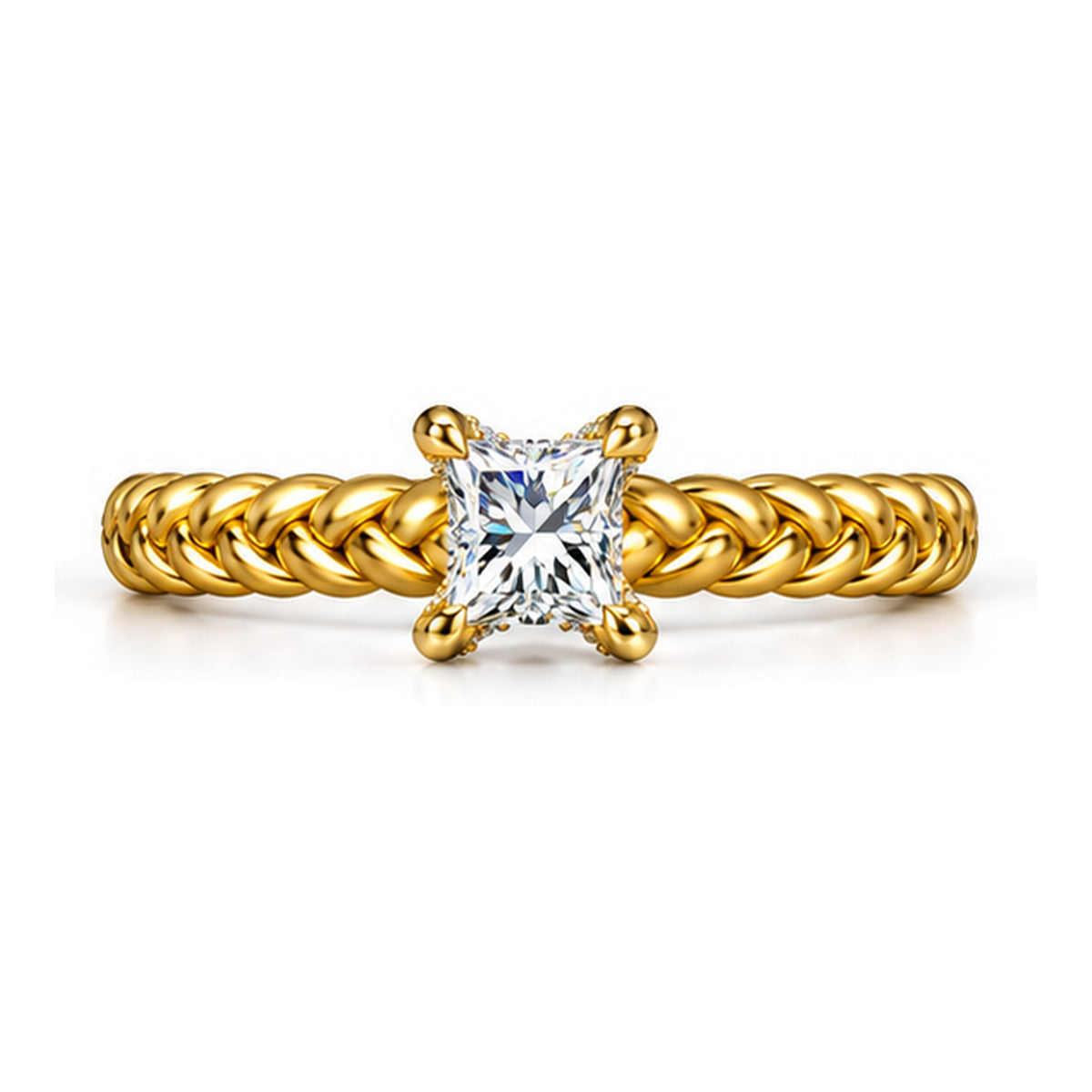 Princess Cut Moissanite Solitaire Engagement Ring with Twisted Rope Band — 925 Sterling Silver, 18K Gold Plated