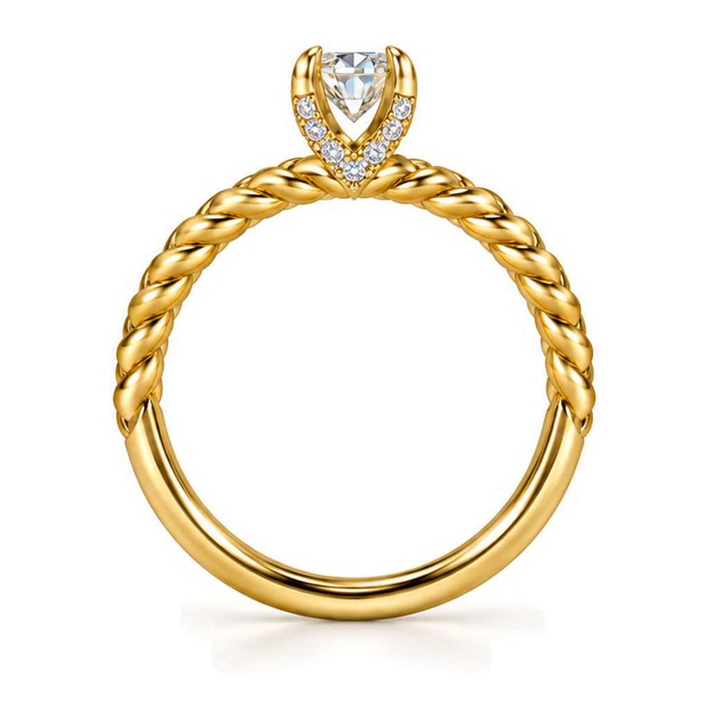 Round Moissanite Solitaire Engagement Ring with Rope Band and Hidden Halo — 925 Sterling Silver, 18K Gold Plated