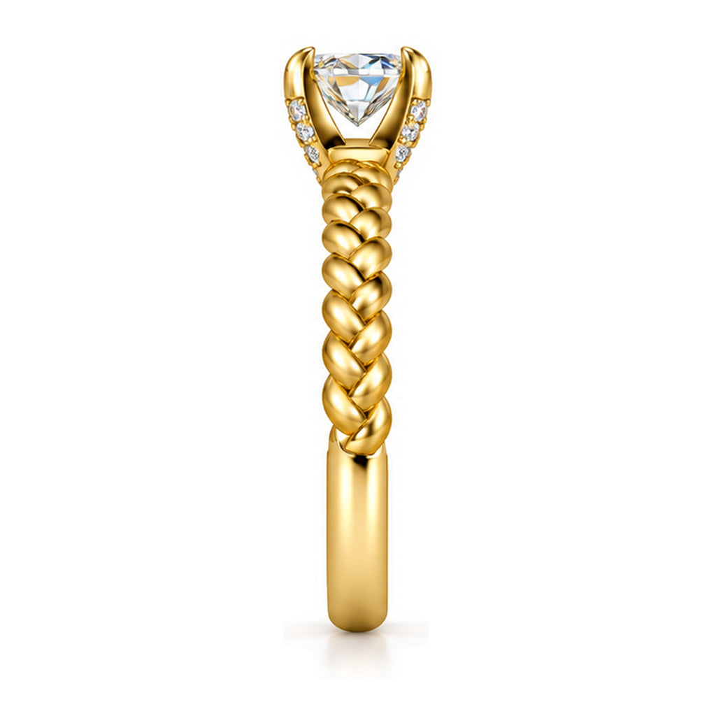 Round Moissanite Solitaire Engagement Ring with Rope Band and Hidden Halo — 925 Sterling Silver, 18K Gold Plated