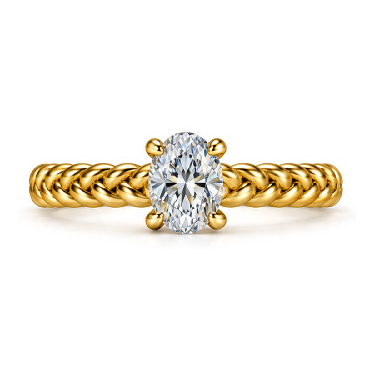 Round Moissanite Solitaire Engagement Ring with Rope Band and Hidden Halo — 925 Sterling Silver, 18K Gold Plated