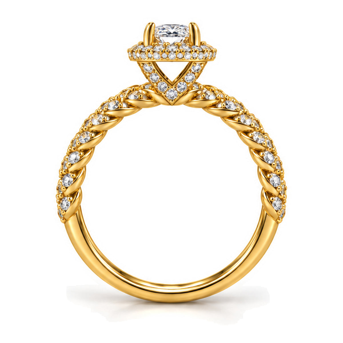 Round Moissanite Halo Engagement Ring with Twisted Rope Pavé Band — 925 Sterling Silver, 18K Gold Plated