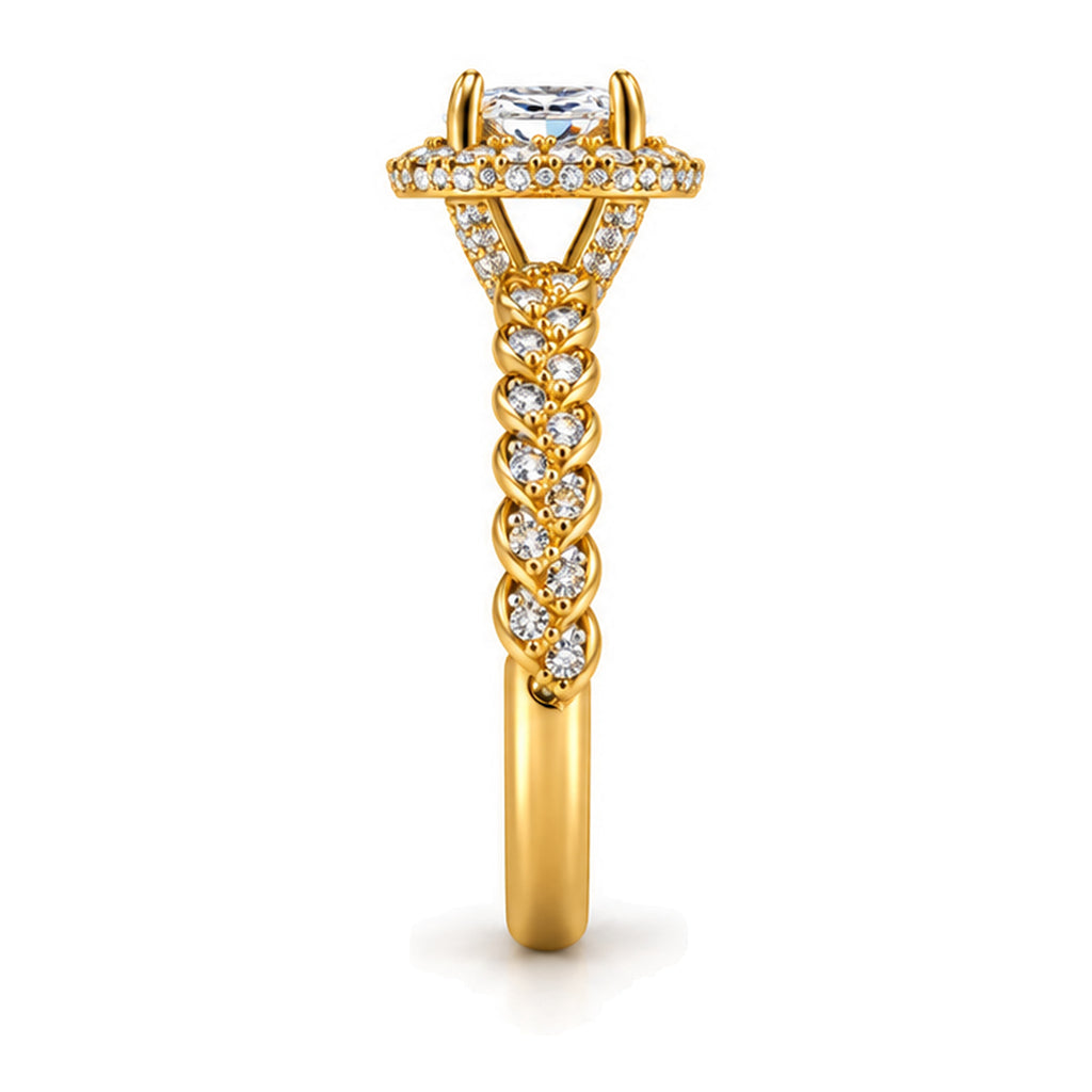 Round Moissanite Halo Engagement Ring with Twisted Rope Pavé Band — 925 Sterling Silver, 18K Gold Plated