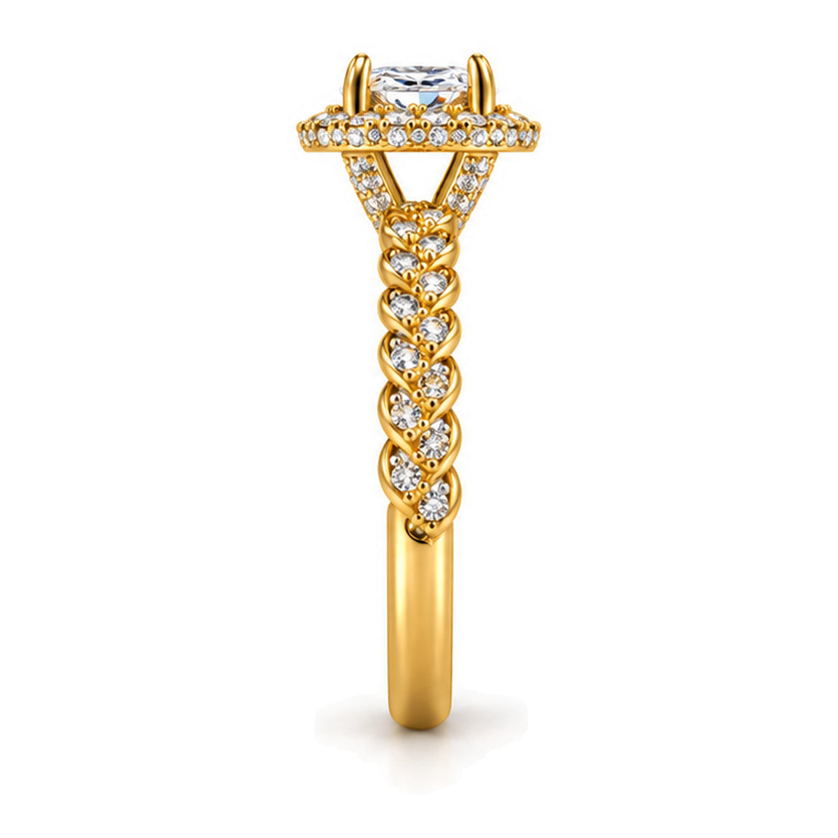 Round Moissanite Halo Engagement Ring with Twisted Rope Pavé Band — 925 Sterling Silver, 18K Gold Plated