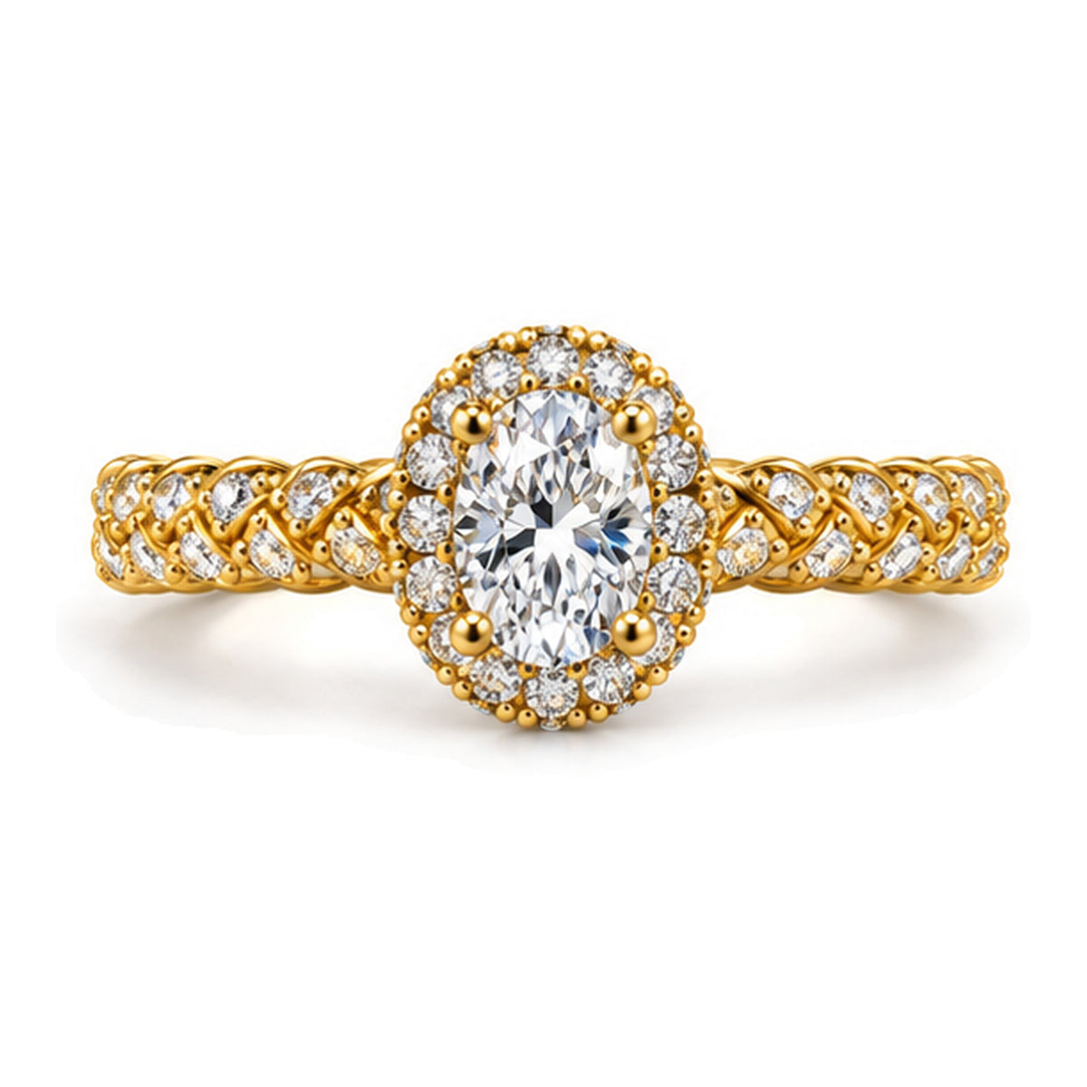 Round Moissanite Halo Engagement Ring with Twisted Rope Pavé Band — 925 Sterling Silver, 18K Gold Plated