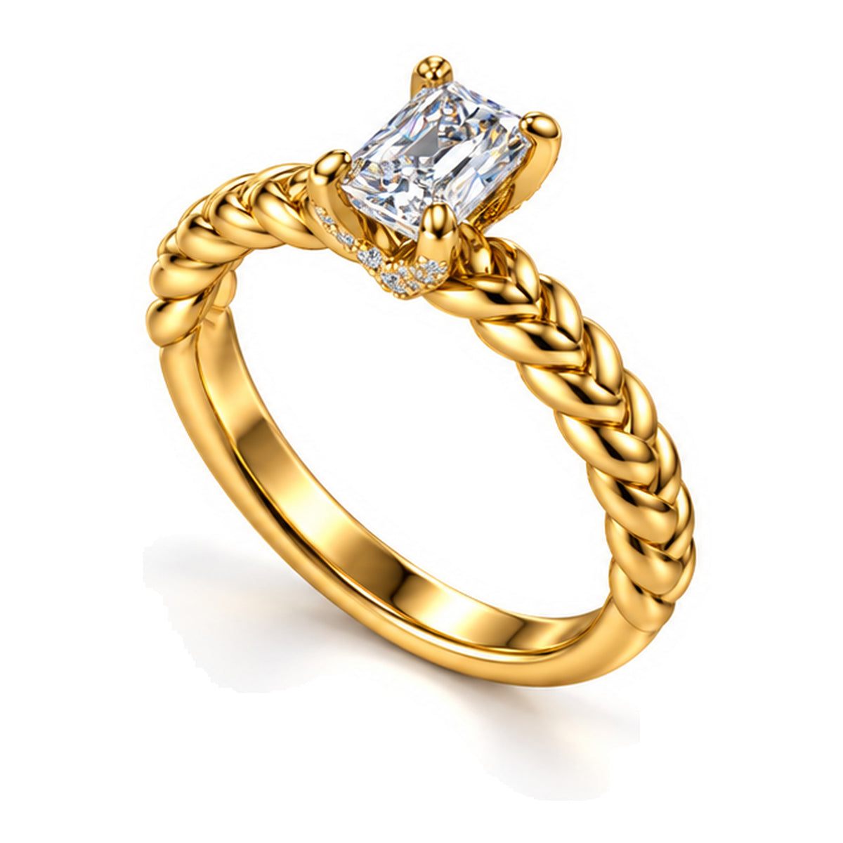 Emerald Cut Moissanite Solitaire Engagement Ring with Twisted Rope Band — 925 Sterling Silver, 18K Gold Plated