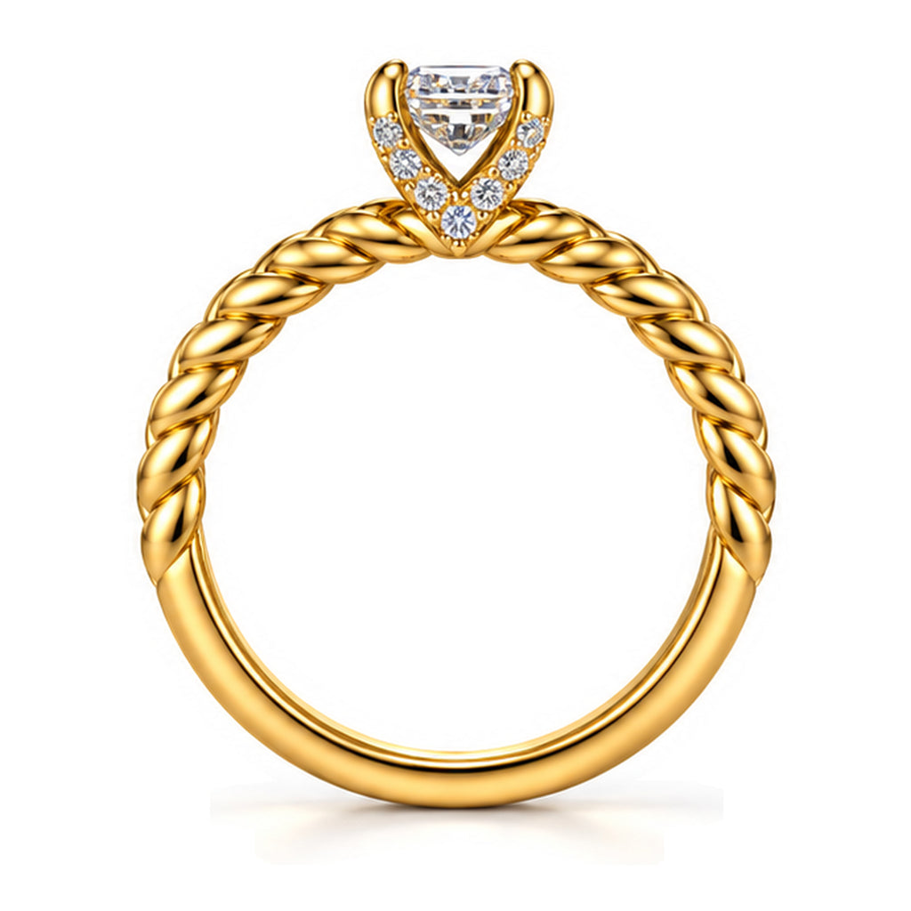 Emerald Cut Moissanite Solitaire Engagement Ring with Twisted Rope Band — 925 Sterling Silver, 18K Gold Plated