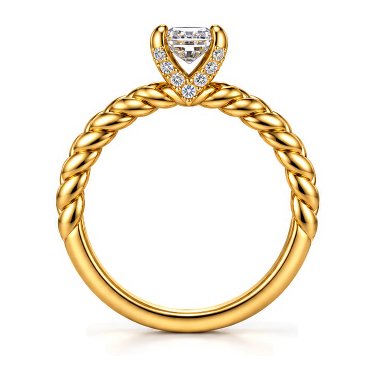 Emerald Cut Moissanite Solitaire Engagement Ring with Twisted Rope Band — 925 Sterling Silver, 18K Gold Plated