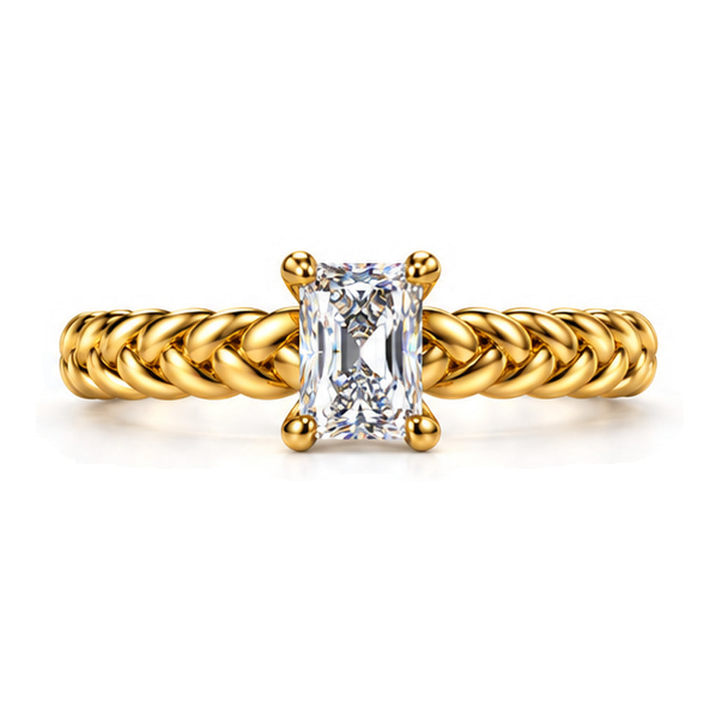 Emerald Cut Moissanite Solitaire Engagement Ring with Twisted Rope Band — 925 Sterling Silver, 18K Gold Plated