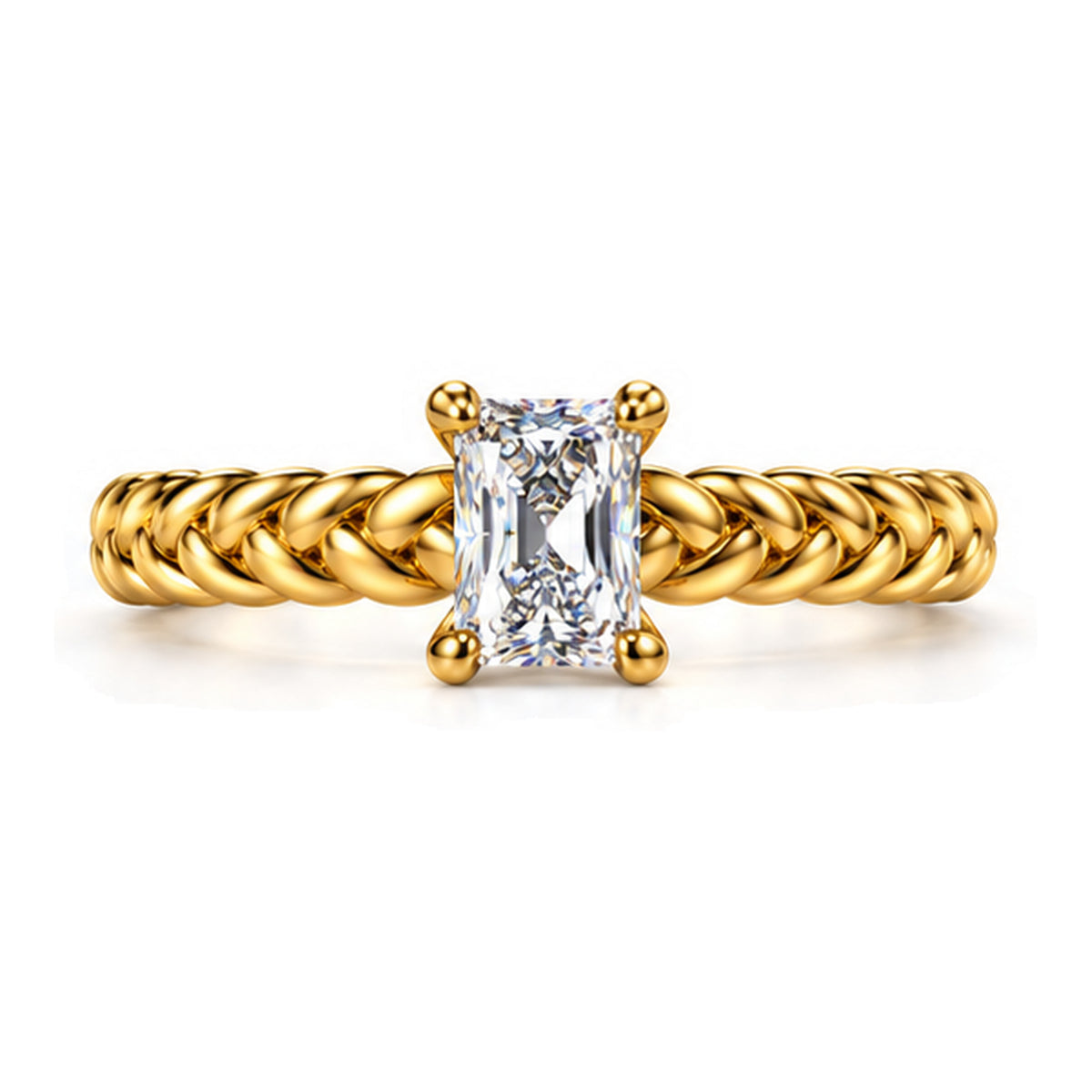 Emerald Cut Moissanite Solitaire Engagement Ring with Twisted Rope Band — 925 Sterling Silver, 18K Gold Plated