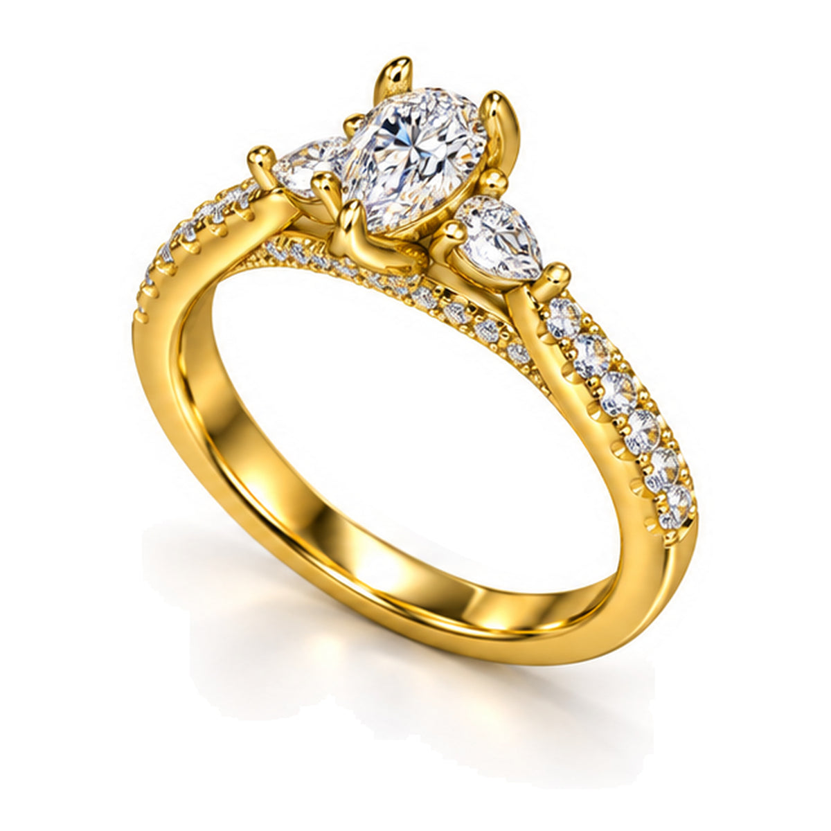 Pear moissanite three-stone engagement ring with pear side stones and pavé band, angled view