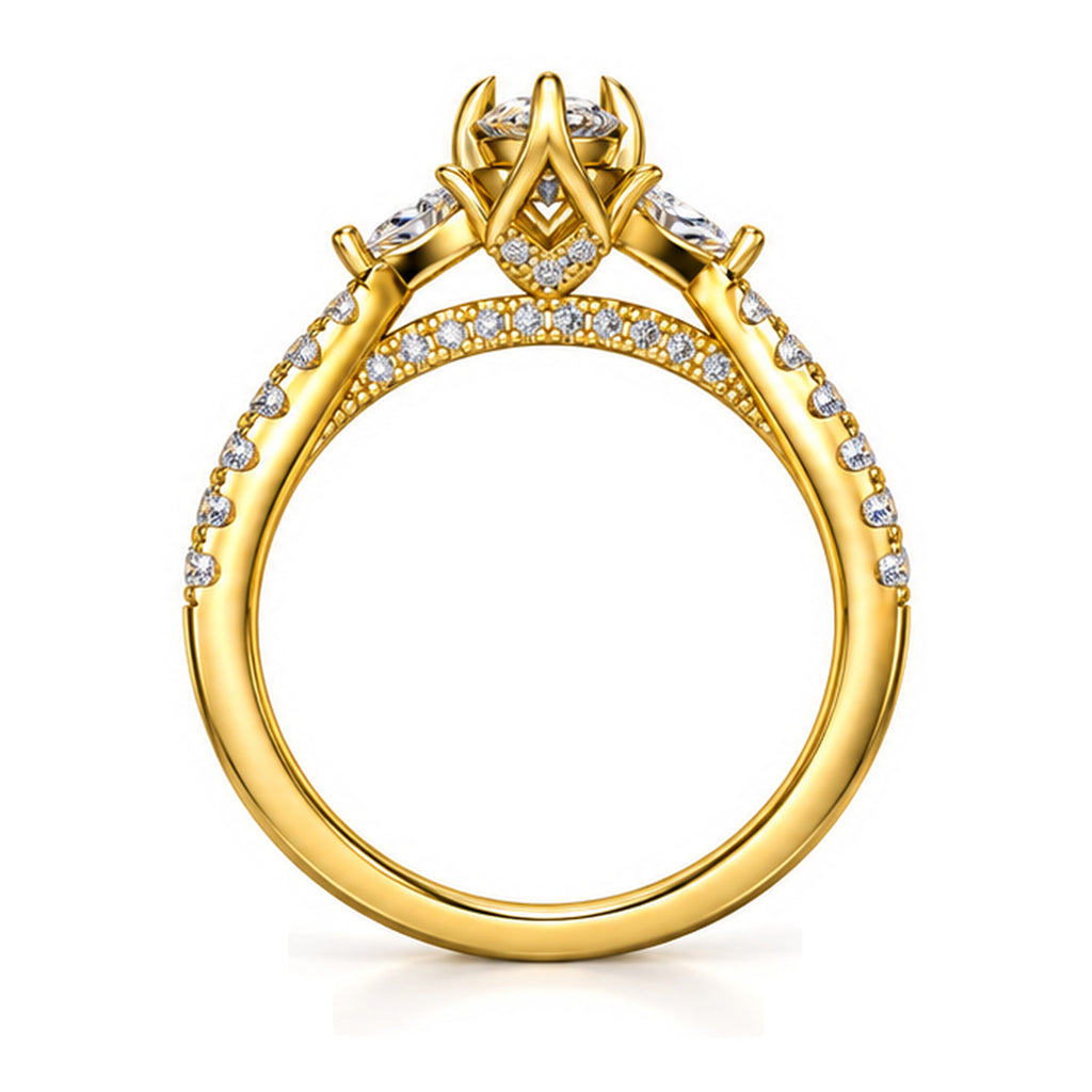 Pear moissanite three-stone engagement ring with pear side stones and pavé band, front view
