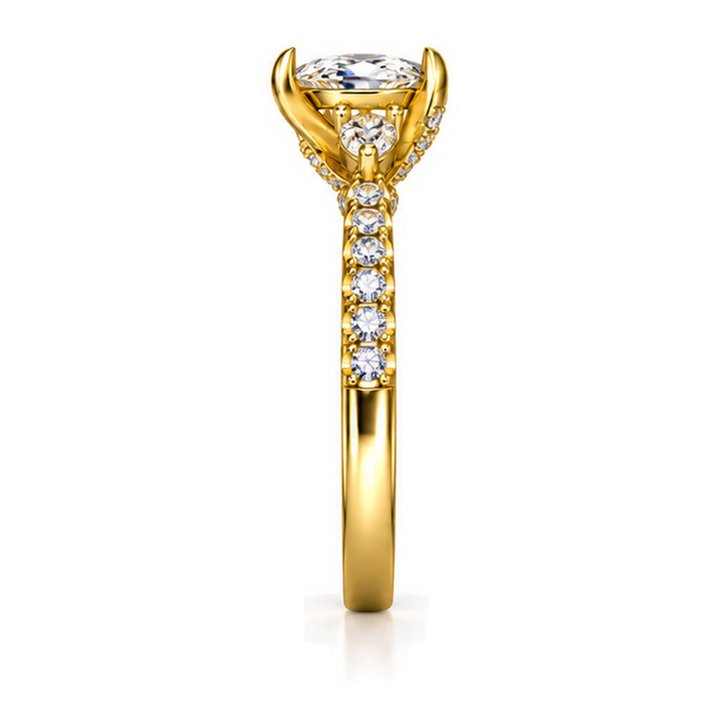 Pear moissanite three-stone engagement ring with pear side stones and pavé band, side view