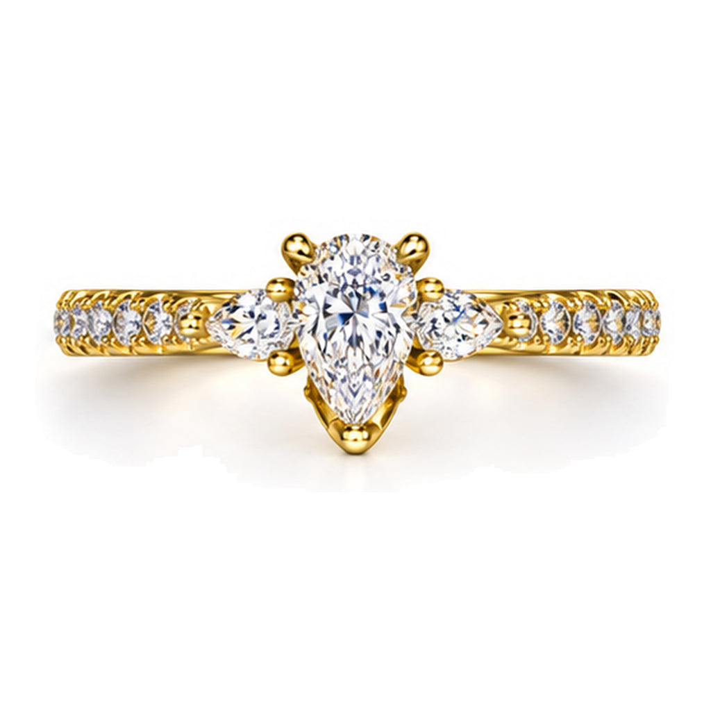 Pear moissanite three-stone engagement ring with pear side stones and pavé band, top view