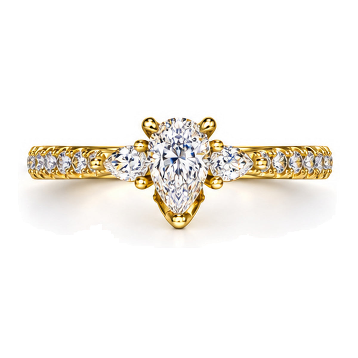 Pear moissanite three-stone engagement ring with pear side stones and pavé band, top view