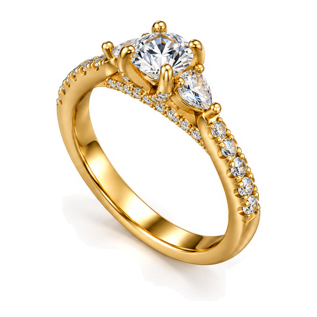Round moissanite three-stone engagement ring with pear side stones and pavé band, angled view