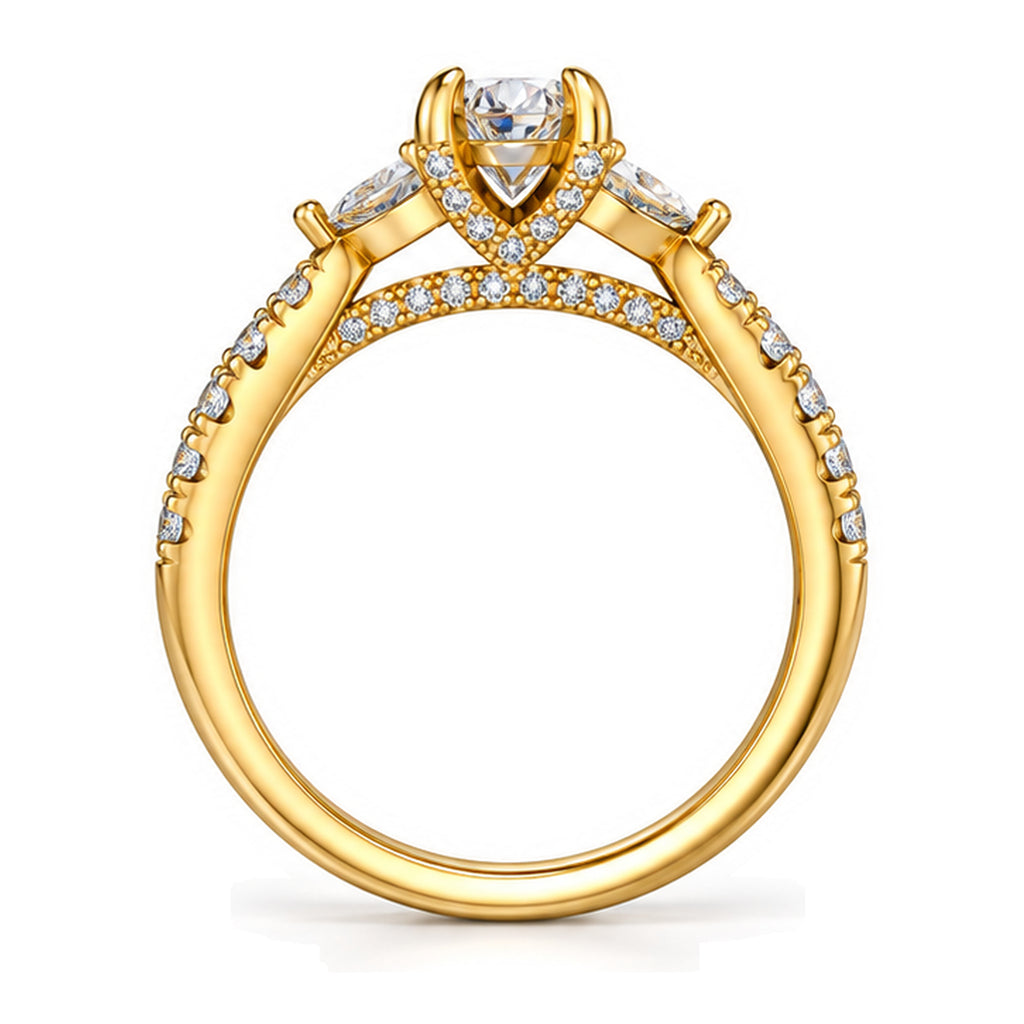 Round moissanite three-stone engagement ring with pear side stones and pavé band, front view