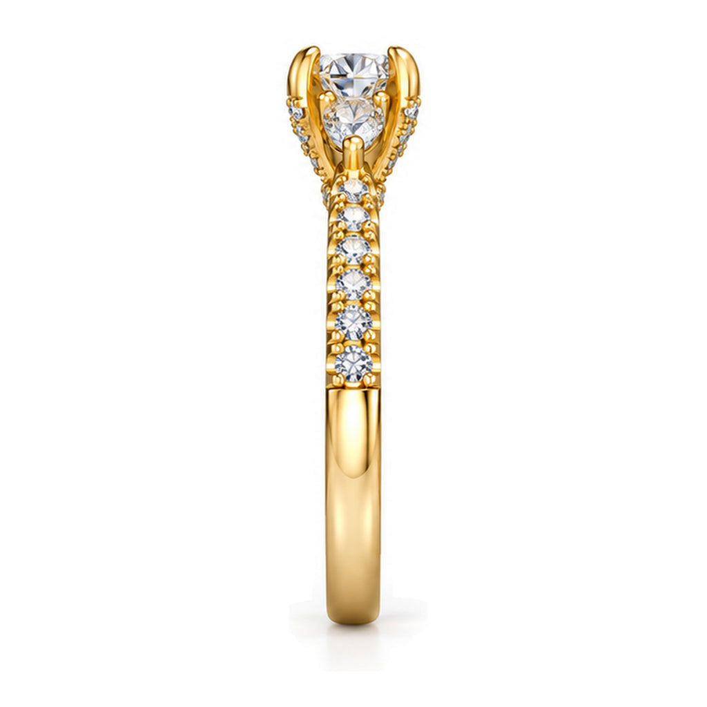 Round moissanite three-stone engagement ring with pear side stones and pavé band, side view