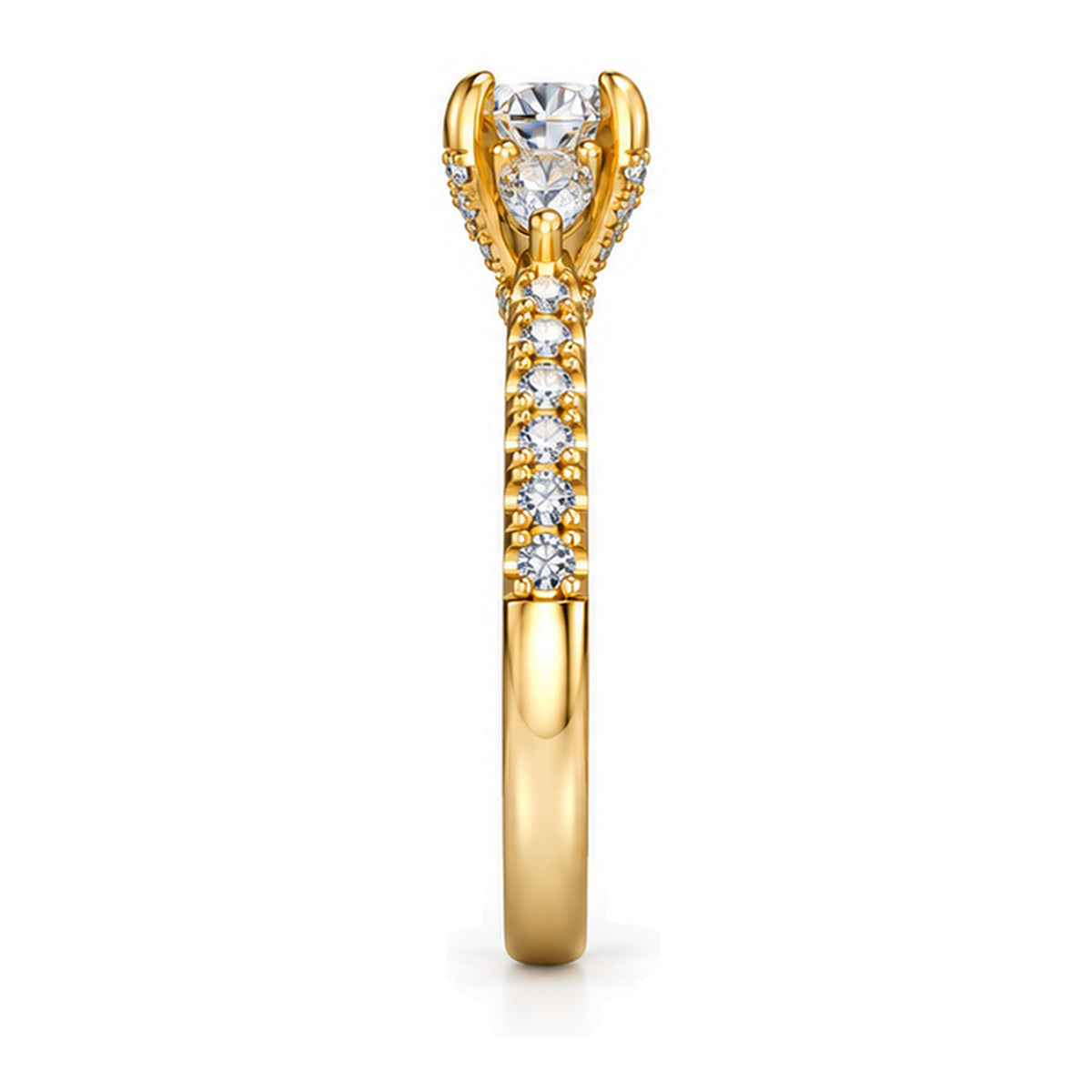 Round moissanite three-stone engagement ring with pear side stones and pavé band, side view