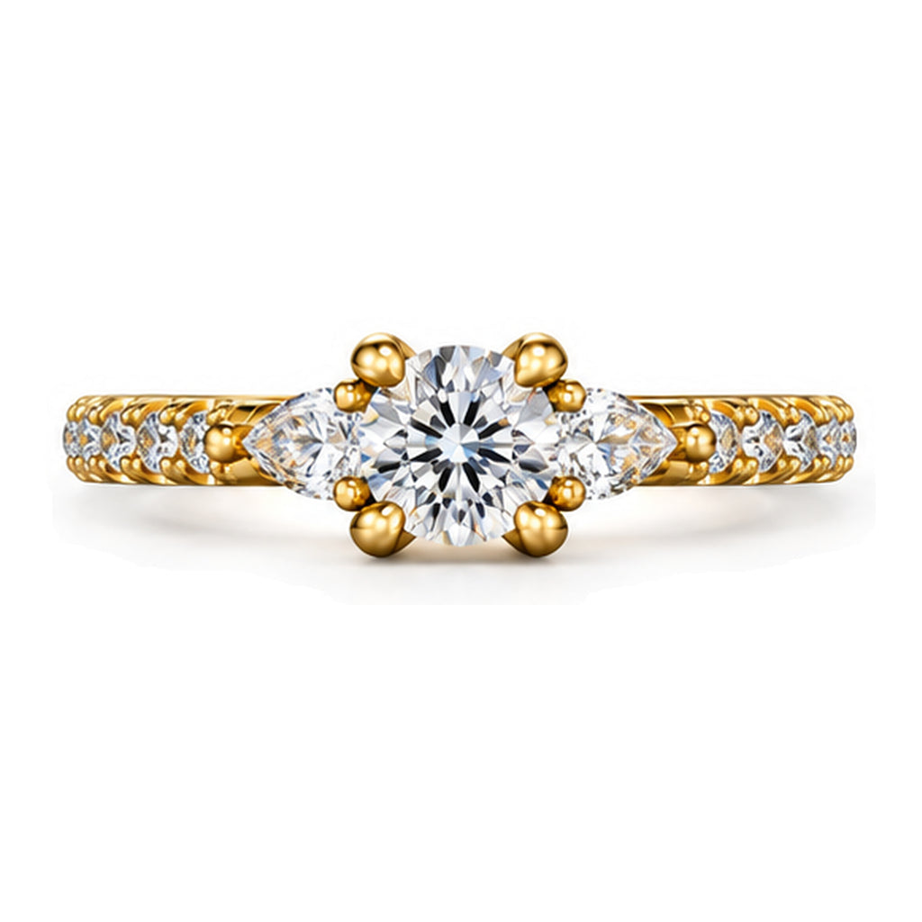 Round moissanite three-stone engagement ring with pear side stones and pavé band, top view