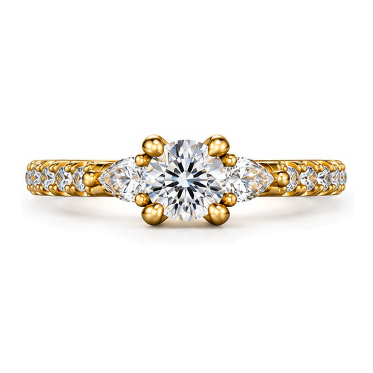 Round moissanite three-stone engagement ring with pear side stones and pavé band, top view