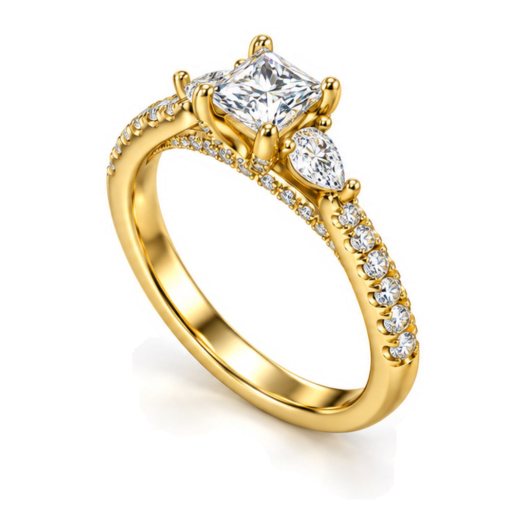 Princess Cut moissanite three-stone engagement ring with pear side stones and pavé band, angled view