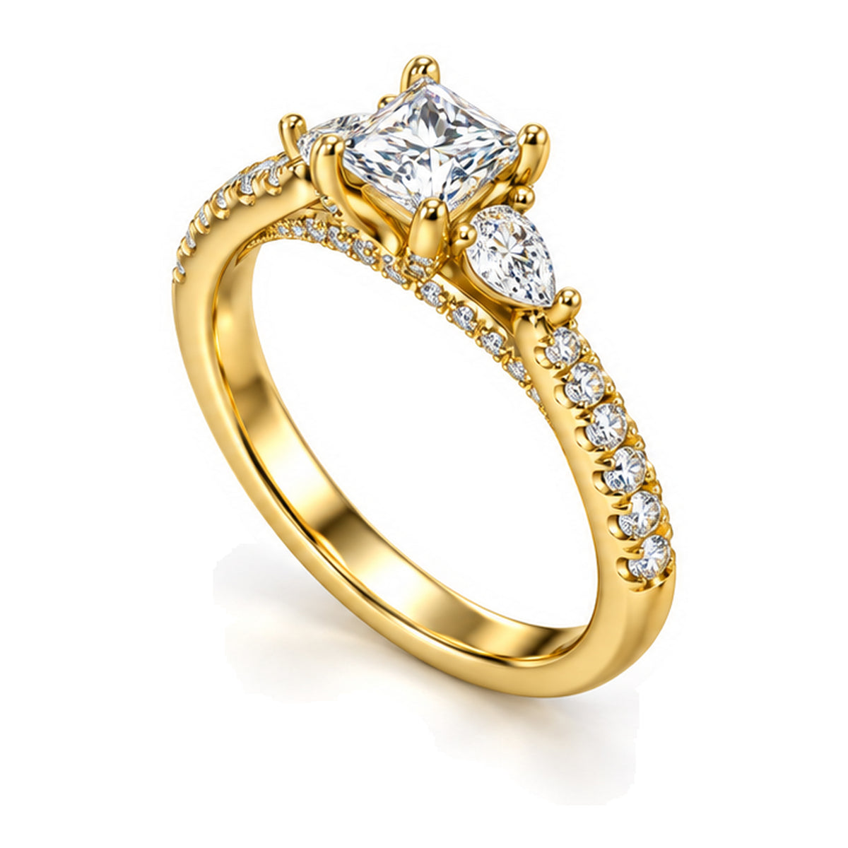 Princess Cut moissanite three-stone engagement ring with pear side stones and pavé band, angled view