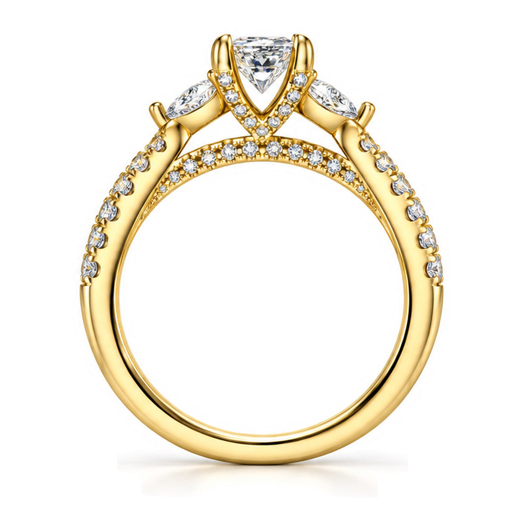 Princess Cut moissanite three-stone engagement ring with pear side stones and pavé band, front view