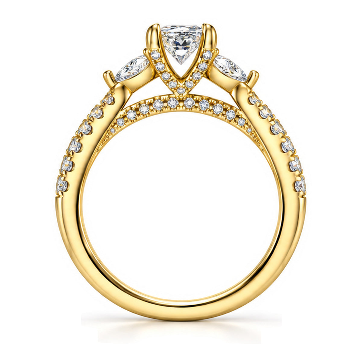 Princess Cut moissanite three-stone engagement ring with pear side stones and pavé band, front view