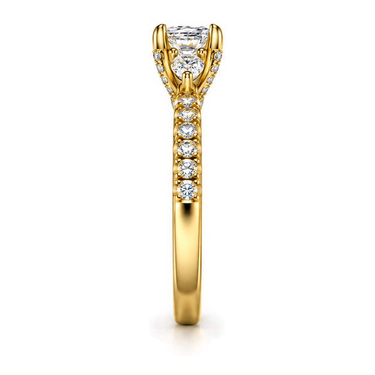 Princess Cut moissanite three-stone engagement ring with pear side stones and pavé band, side view