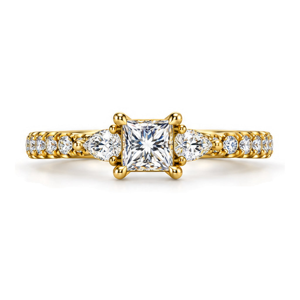 Princess Cut moissanite three-stone engagement ring with pear side stones and pavé band, top view