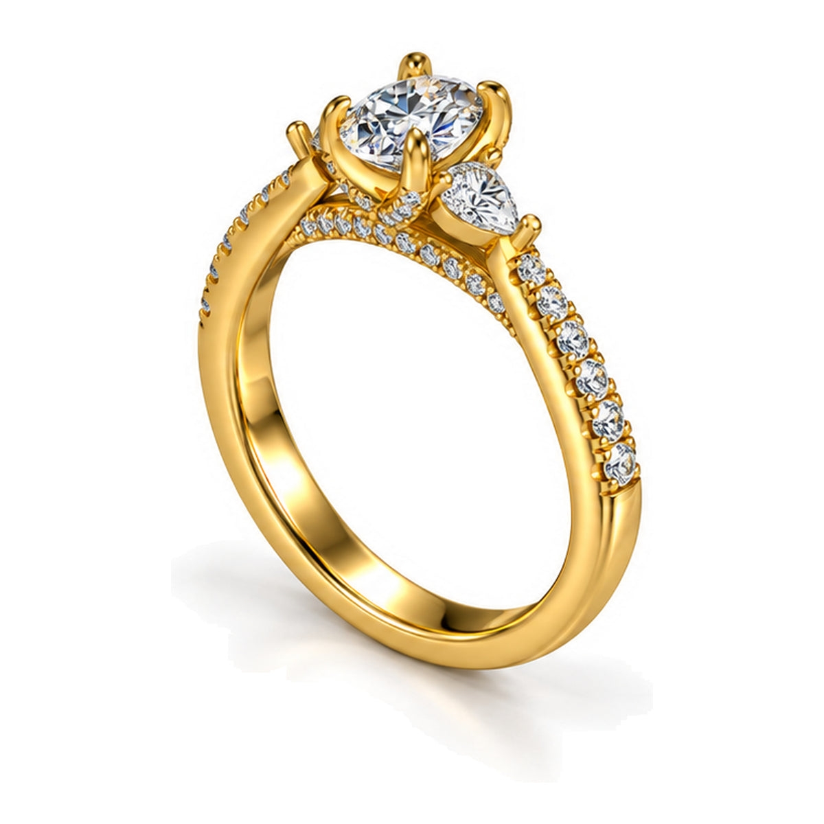 Oval moissanite three-stone engagement ring with pear side stones and pavé band, angled view